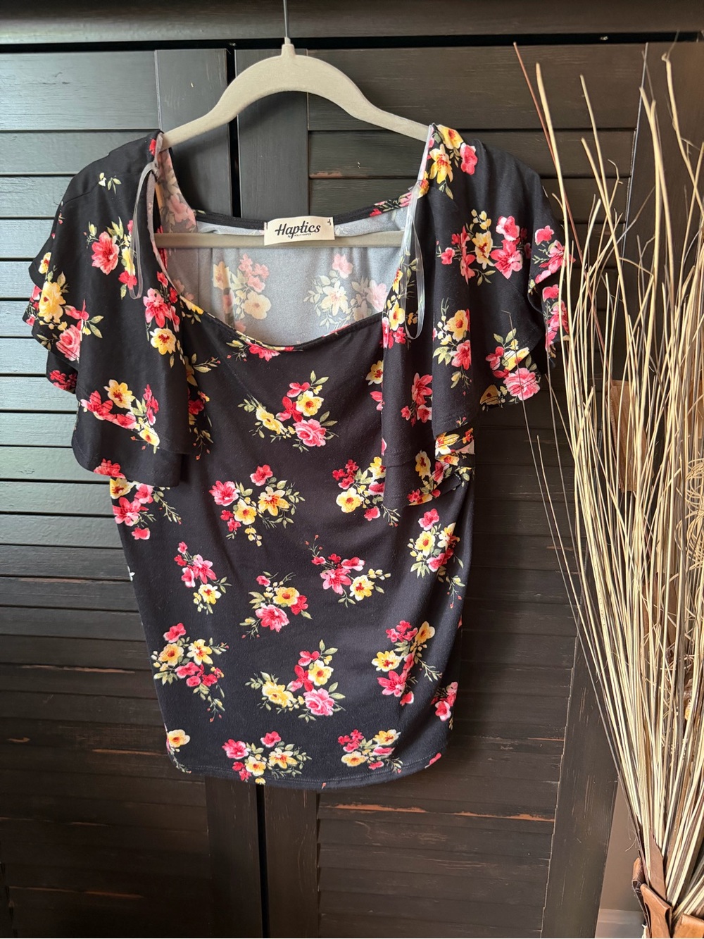 Haptics Black Floral Short Sleeve Square-Neck Blouse